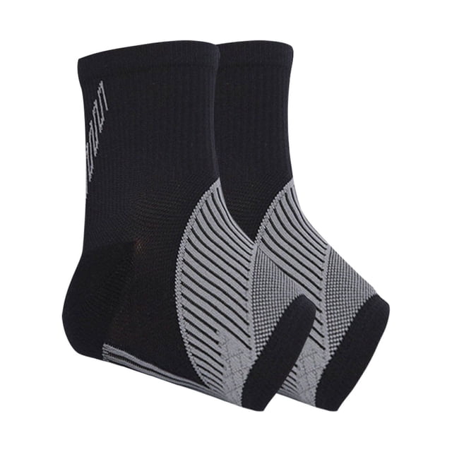 EGNMCR Orthopaedic Compression Socks featuring a black and grey design with reinforced ankle support. These socks are made of breathable nylon and elastic spandex, providing comfort and pain relief for conditions like plantar fasciitis, heel tendinitis, and arthritis. Ideal for activities such as running, walking, and hiking, they offer firm protection, self-regulation, and reduced muscle vibration. The compact design ensures a secure fit without slipping. Includes one pair of socks.