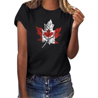 Povozer Women Canada Day Shirts Canada Flag Graphic Tshirt Maple Leaf Tee Tops(Black,XL)