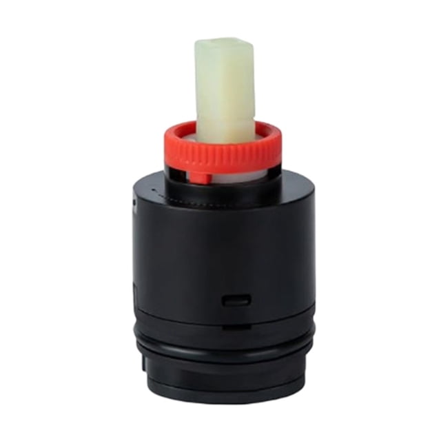 MYG N40HKC Shower Cartridge Replacement, a 40mm faucet cartridge for tubs, displayed in a close-up view. The black plastic body includes a red adjustment ring and a beige stem, designed for smooth water flow control. Measuring 3.07 inches in height and 1.58 inches in width, this wear-resistant cartridge ensures effective temperature protection and easy installation, ideal for resolving water leakage in shower faucets.
