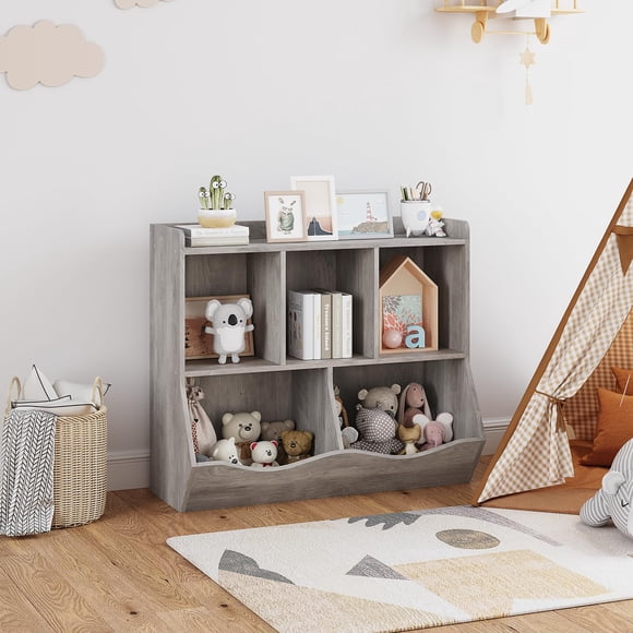 Kids Toy Storage with Bookshelves, Multifunctional Toy Storage Organizer, Toys Box with 5 Storage Compartments, Kids Bookcases Cabinets for Playroom, Bedroom, Nursery, Preschool Grey