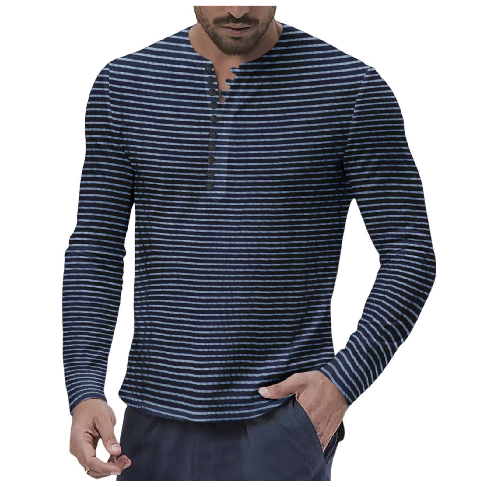 LNWUY Mens Henley Striped Printing Button Long Sleeve Shirts