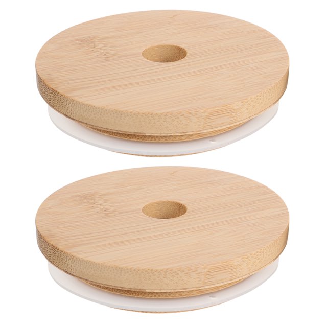 1 Set 2Pcs Bamboo Mason Jar Lids Practical Bottle Covers with Straw Hole