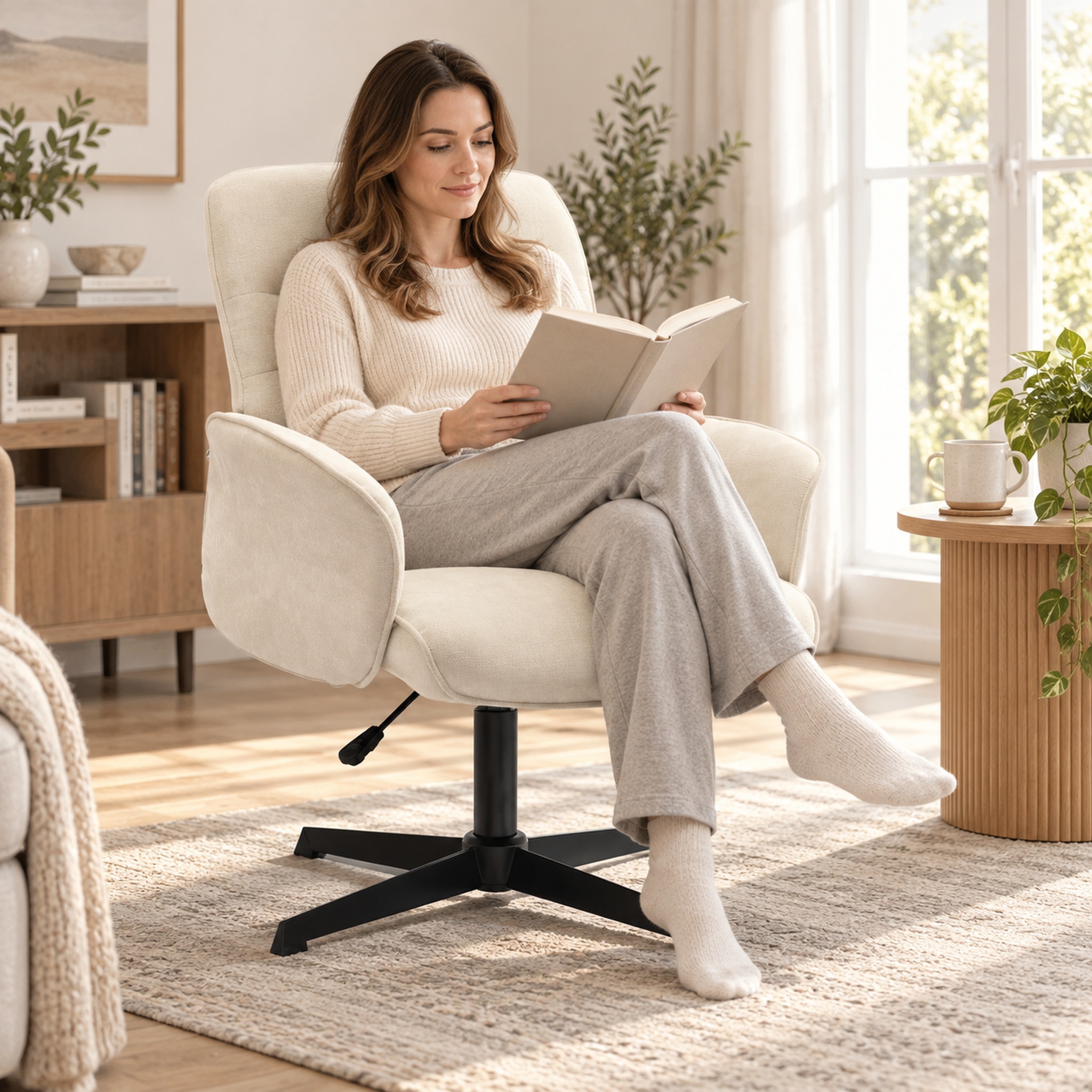 Homy Casa Cream Chenille Vanity Chair, Height-Adjustable 360° Swivel Makeup Desk Chair with Padded Arms