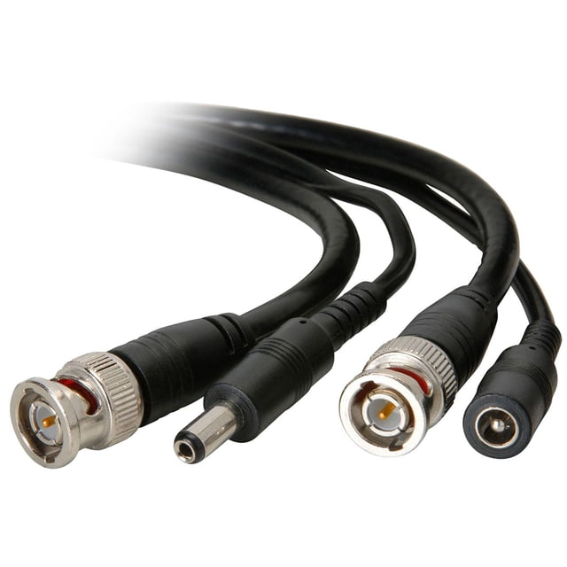 SeqCam 200 Feet RG 59 CCTV Cable with black cables, silver BNC connectors, and black power connectors, designed for surveillance and home audio systems, featuring copper clad aluminum conductor and foam polyethylene dielectric for reliable signal transmission.