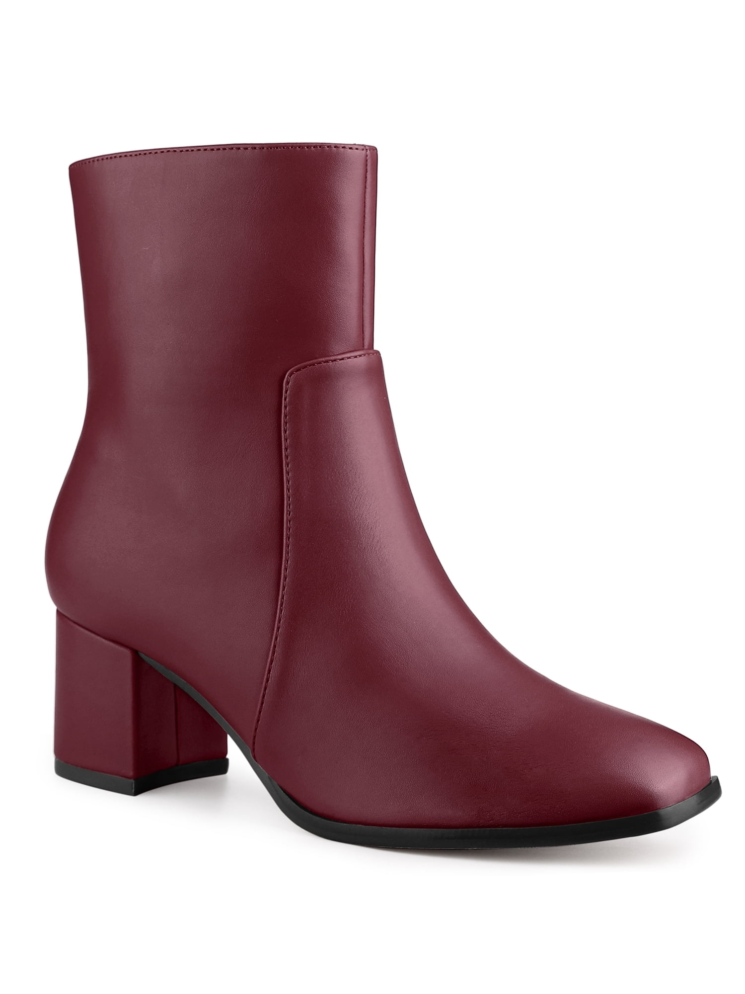 Unique Bargains Women's Square Toe Side Zip Block Heel Ankle Boots Burgundy (Size 8)