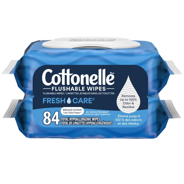 Cottonelle Fresh Care Flushable Wet Wipes 2 flip-top packs with 84 total hypoallergenic wipes in blue packaging, designed to break down like toilet paper, remove up to 100% of odor and residue, septic-safe, and gentle on skin, suitable for everyday use and hand protection.