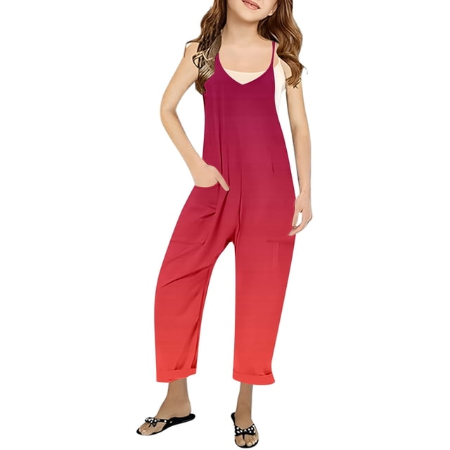 MIASHUI Combinaison pour Filles à Col en V Sans Manches, Décontractée, Pantalon Long, Rouge, 4-5 Ans