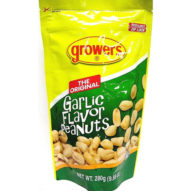 Growers Garlic Flavor Peanuts-The Original 280g per Bag, a yellow and green resealable zip lock pouch containing light brown garlic-flavored peanuts, suitable for sharing at parties or as a savory snack on the go, weighing 280 grams (9.88 oz).