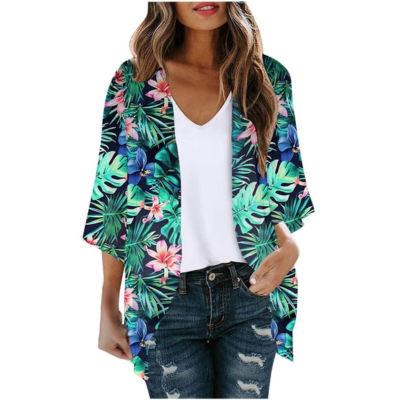 lcziwo 2024 Women's Hawaiian Cardigan Women Floral Print Lightweight Chiffon Kimono Cardigan Short Sleeve Loose Beach Wear Cover Up Blouse Top Deals of the Day Green L