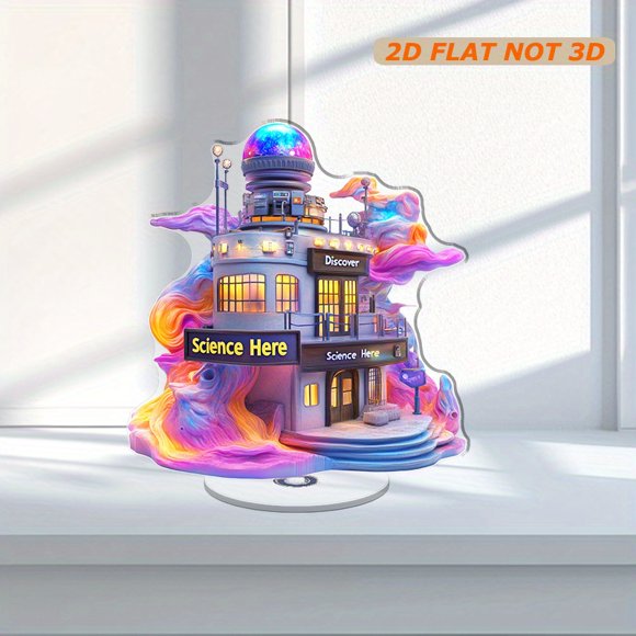 Rotating acrylic display featuring a glowing nebula, a unique science center, and floodlit observatory with the phrase Discover Science Here at the base