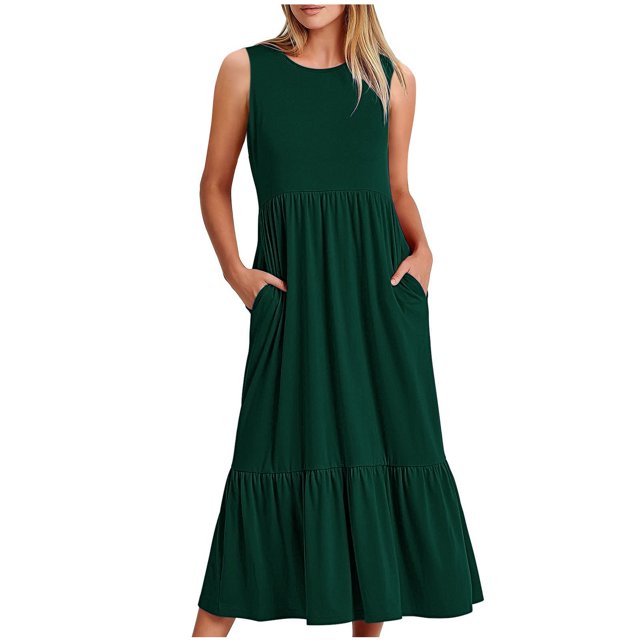 AherBiu Robes d'Été pour Femmes Décontractées Amples Sans Manches Robe Midi avec Poches Confortables à Volants Robes Soleil