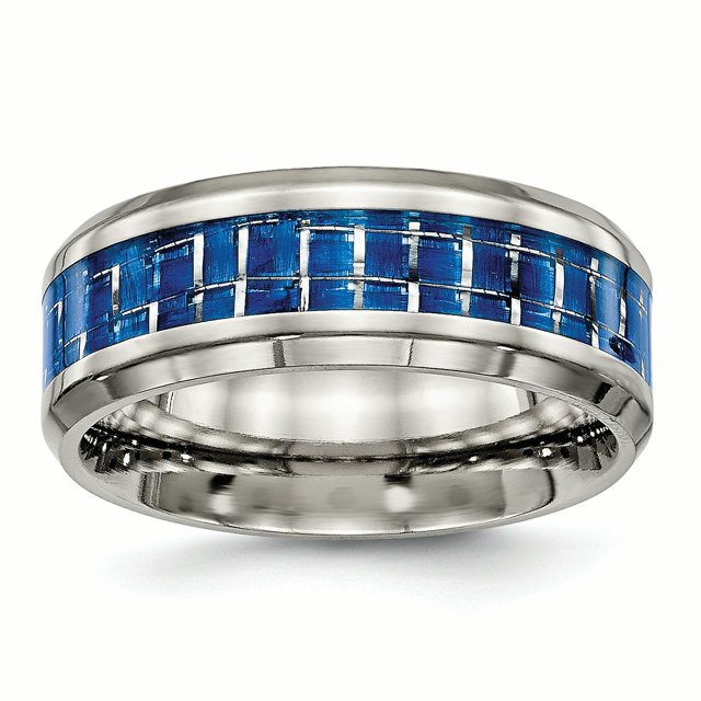 Bague avec Incrustation de Fibre de Carbone Bleu/blanc Poli Taille 10.5