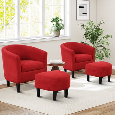 Bonzy Home Fauteuil d'Appoint avec Ottoman, Ensemble de 2, Fauteuil Club Tonneau avec Repose-Pieds et Dossier Incurvé, Fauteuil Rond en Tissu avec Siège Rembourré en Mousse pour Salon, Chambre, Lecture, Rouge