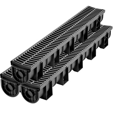 VEVOR Système de Drainage de Tranchée, Tranchée de Drainage en HDPE de 5,8 X 5,2 X 39 Pouces, Drain de Canal avec Grille en Plastique, Drain de Plancher de Garage en Plastique Noir, Grille de Drainage de Tranchée 3 X 39 Pouces, avec 3 Capuchons d'Extrémité, pour Jardin, Allée - Lot de 3
