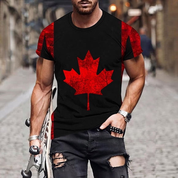 Brnmxoke Canada T-Shirt pour Homme Grande Taille Manches Courtes Fierté de la Fête du Canada Coupe Régulière T-Shirts Patriotiques Imprimé Feuille d'Érable Canadienne Graphique Chandails Moulants Rouge,TTG