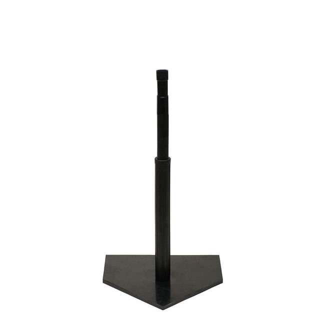 HDB Baseball Adjustable Rubber Batting Tee with a black heavy-duty rubber home plate base weighing 8 pounds to prevent tipping and an adjustable black rubber tube extending from 22 to 47 inches, suitable for baseball, softball, and T-ball practice.