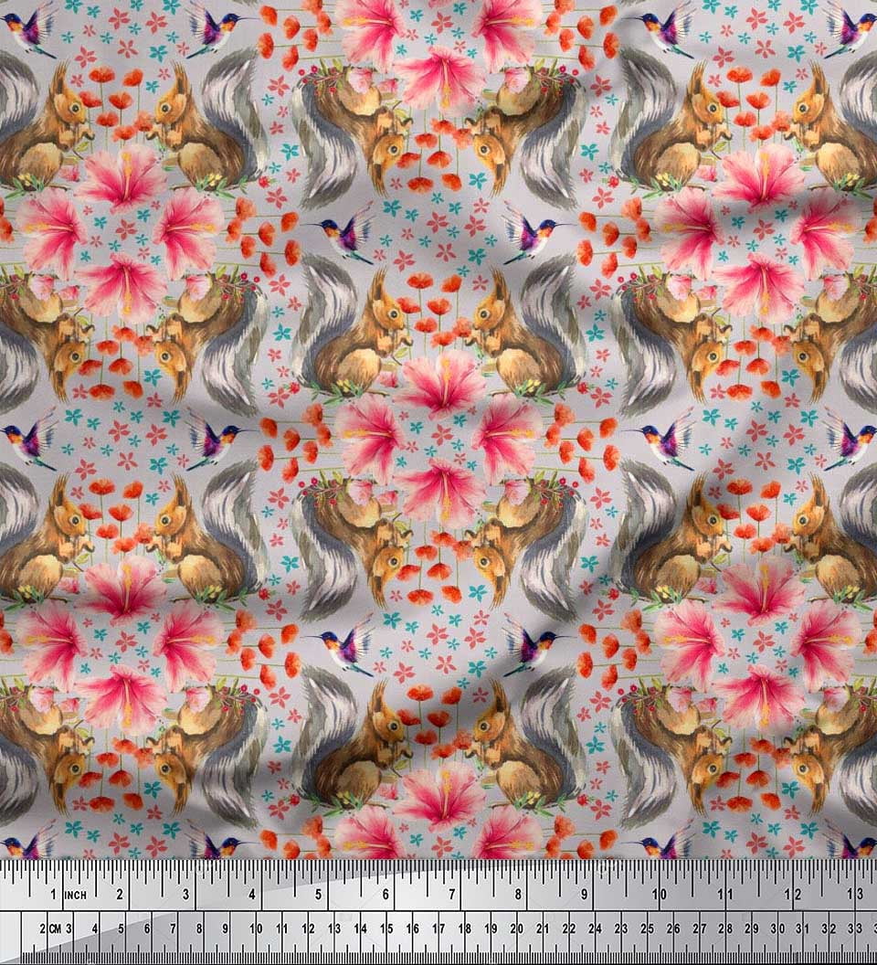 Soimoi Rayon Crepe Fabric Floral,Hummingbird & Squirrel Animal Print Fabric by The Yard 46 Inch Wide