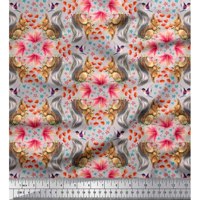 Soimoi Poly Georgette Fabric Floral,Hummingbird & Squirrel Animal Printed Craft Fabric by The Yard 42 Inch Wide