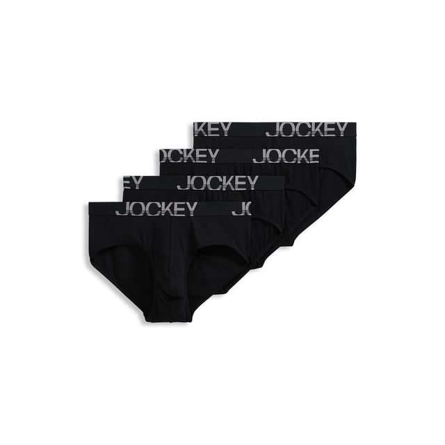 Jockey Men's ActiveStretch Brief - 4 Pack featuring low-rise, moderate coverage briefs in black with a no-fly design. Made from 95% cotton and 5% spandex for a soft, breathable fit. Includes StayNew technology for lasting quality and a tag-free design for added comfort.