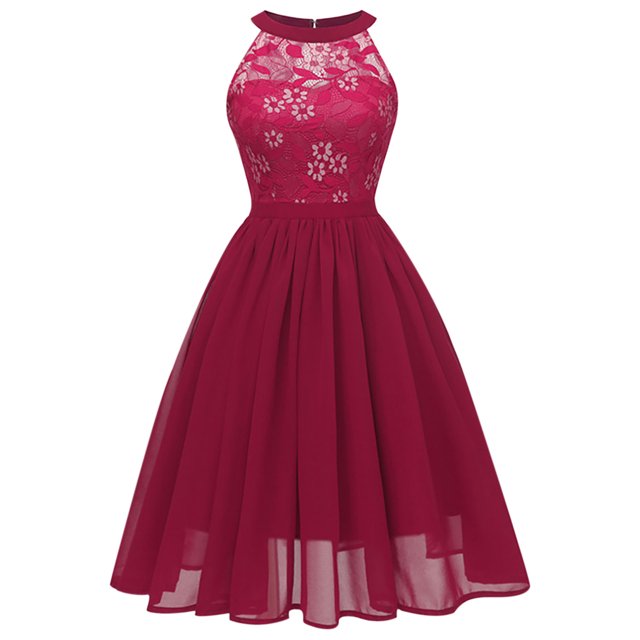 RKSTN Robes pour Femmes Dentelle Mousseline Tour de Cou Grande Jupe Évasée Robe de Soirée Couleur Unie Cocktail Bal Robe Vintage