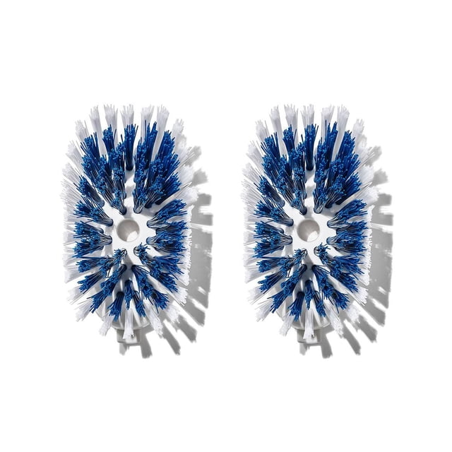 OXO Softworks Soap Dish Brush Refills featuring two oval replacement heads with durable blue and white nylon bristles that are stiff for effective dish cleaning yet safe for non-stick cookware, including a scraper on the back and designed for easy attachment to soap dispensing dish brushes, also suitable for cleaning small kitchen tools.
