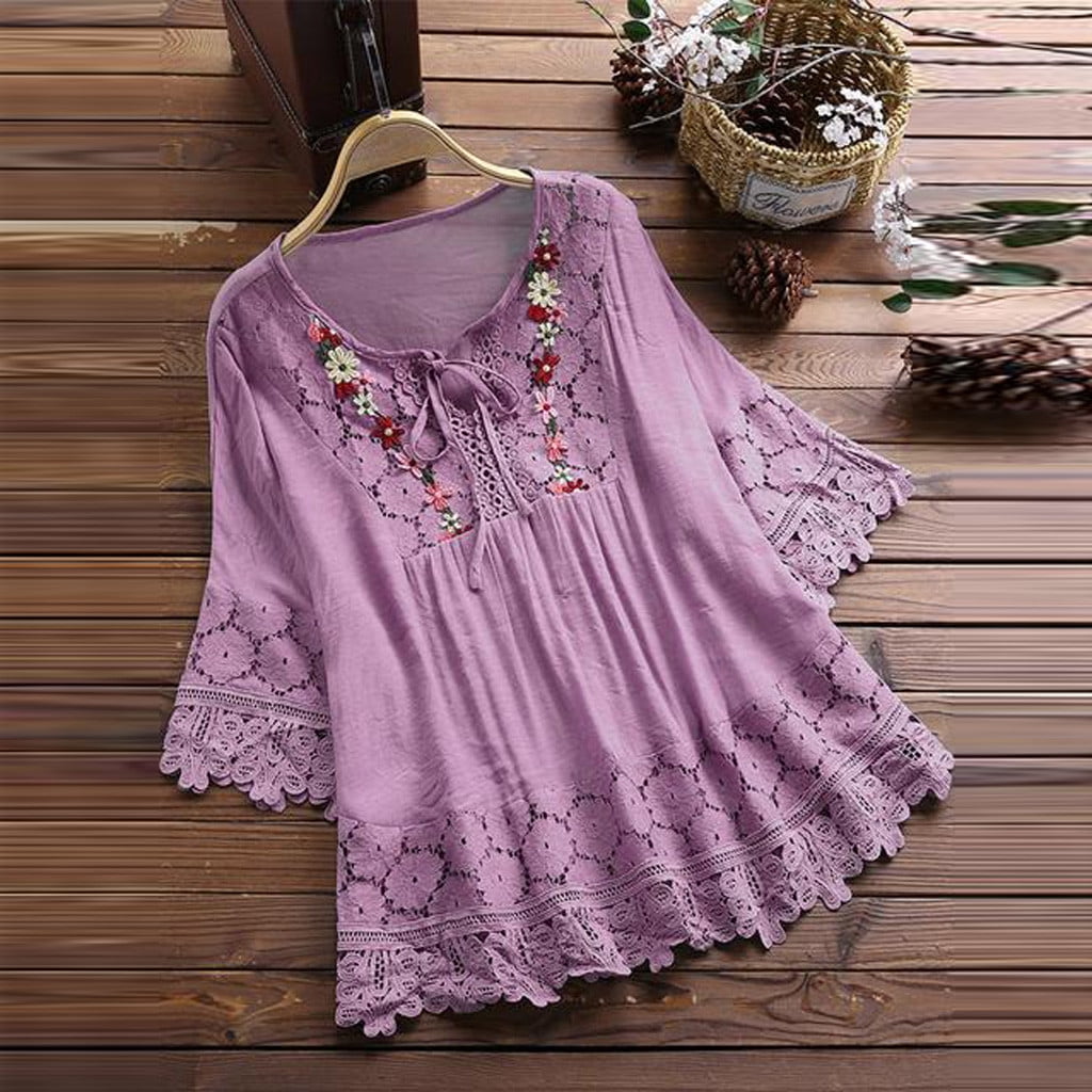 TIMIFIS Womens Round Neck Short 3/4 Sleeve Floral Print Asymmetric Hem Shirt Tops