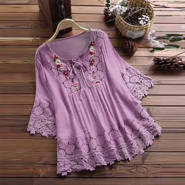 TIMIFIS T-Shirt pour Femmes à Col Rond, Manches Courtes 3/4, Imprimé Floral, Ourlet Asymétrique