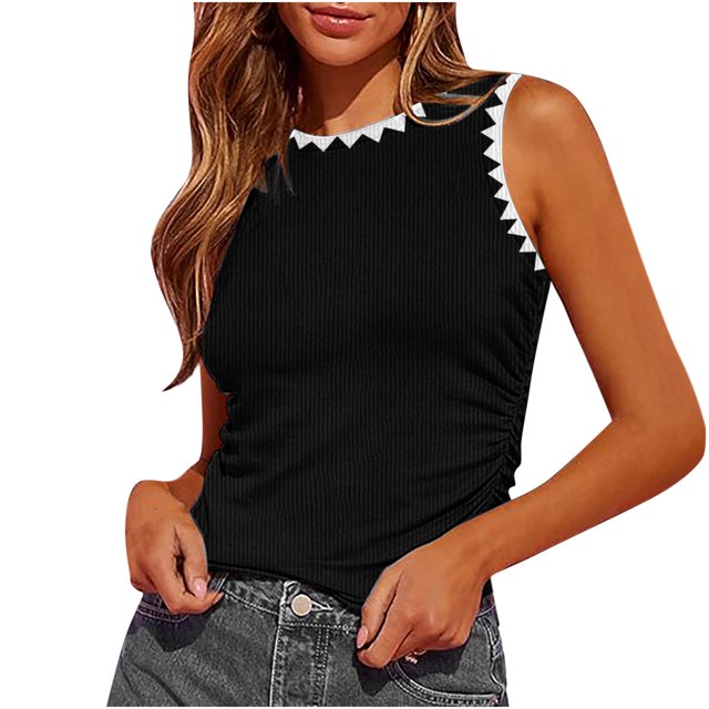 Besolor 2024 Summer Workout Tank Tops for Women Crewneck Knit Ribbed Side Ruched Crop Tops Sleeveless Trendy T Shirts