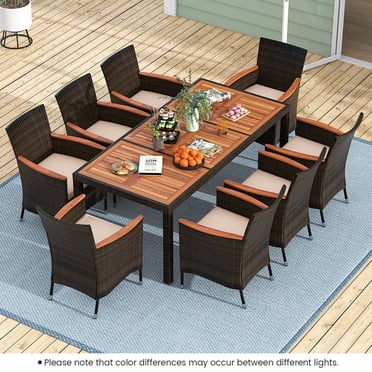 Costway Ensemble de Salle à Manger d'Extérieur en Osier 9 Pcs Dessus de Table en Bois d'Acacia Trou pour Parasol Coussins Chaises