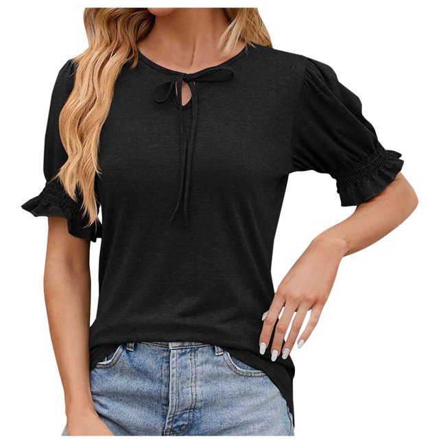 FAIWAD Womens Casual Tops V Neck Drawstring Shirts Puff Short Sleeve Blouses Loose Work Tunic Tops