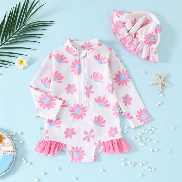Toddler Girl Rash Guard Swimsuit Cute Print Long Sleeve Sun Protection Bathing Suits for Girls 12-18 Months