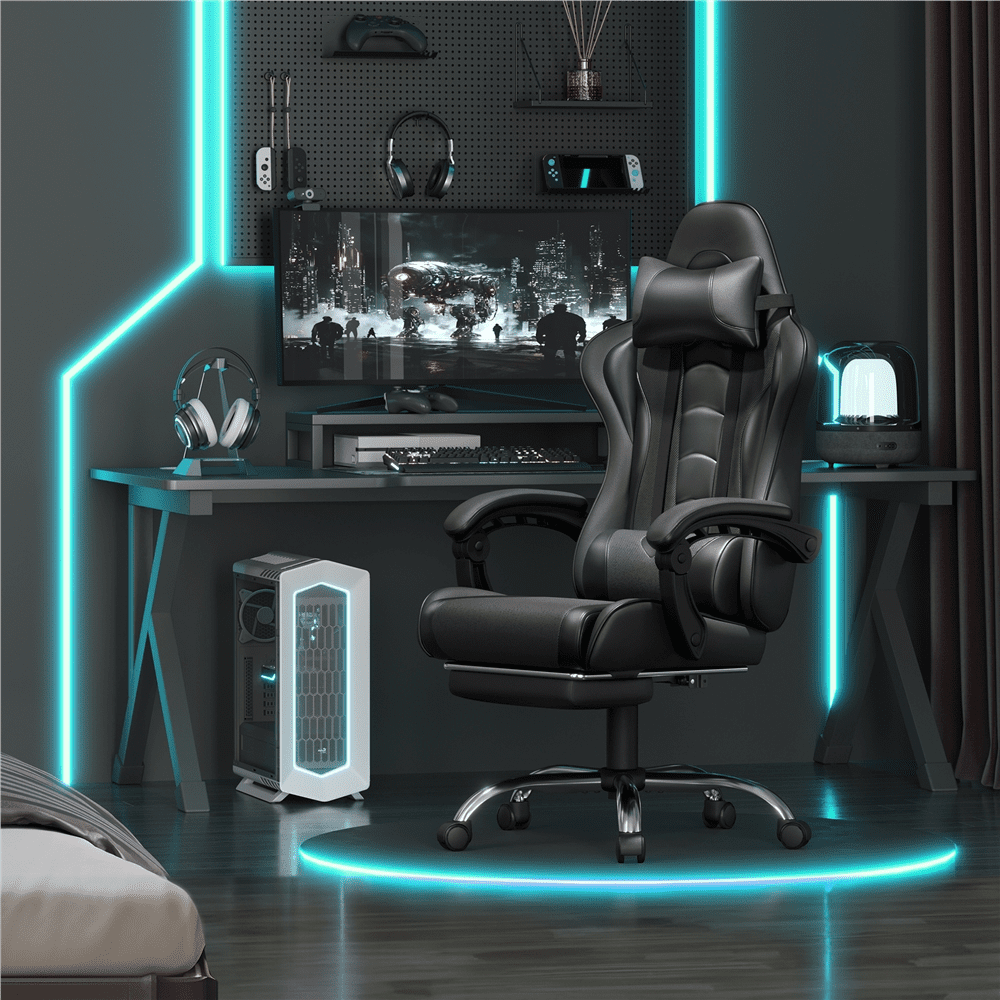 FullFurnique Chaise Gaming Ergonomique à Dossier Haut avec Repose-pieds Coulissant, Noir Intégral
