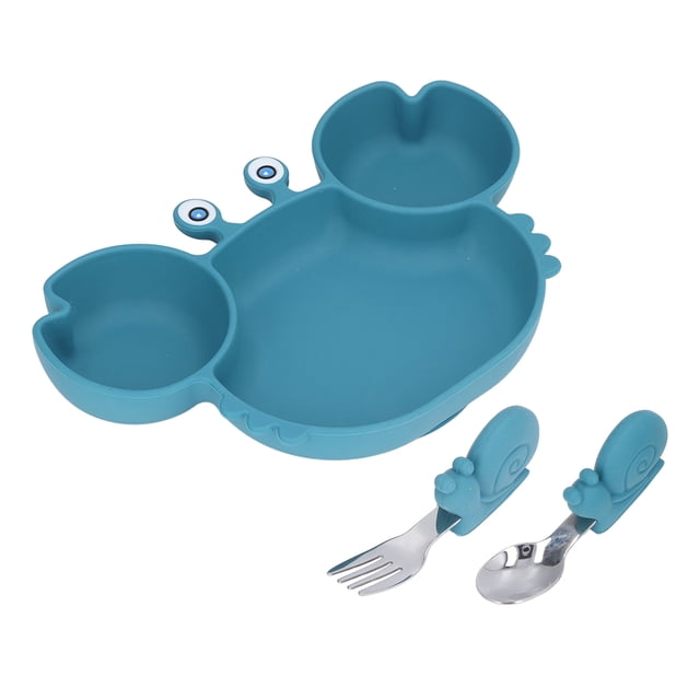 Silicone suction plate set for toddlers in blue, designed with three divided sections for balanced meals. Includes a matching spoon and fork with snail-shaped silicone handles. Made of durable, stain-resistant silicone and metal, with a strong suction base to prevent slipping. Ideal for toddler tableware and feeding, suitable for ages 6 months and older.