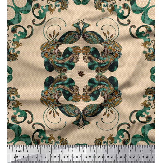 Soimoi Rayon Fabric Quatrefoil & Peacock Bird Decor Fabric Printed Yard 56 Inch Wide