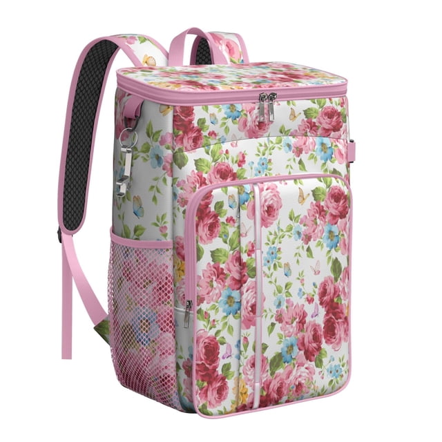 Floral Print and Skull Design Insulated Cooler Backpack - 20L Leakproof & Easy to Clean, Great for Camping