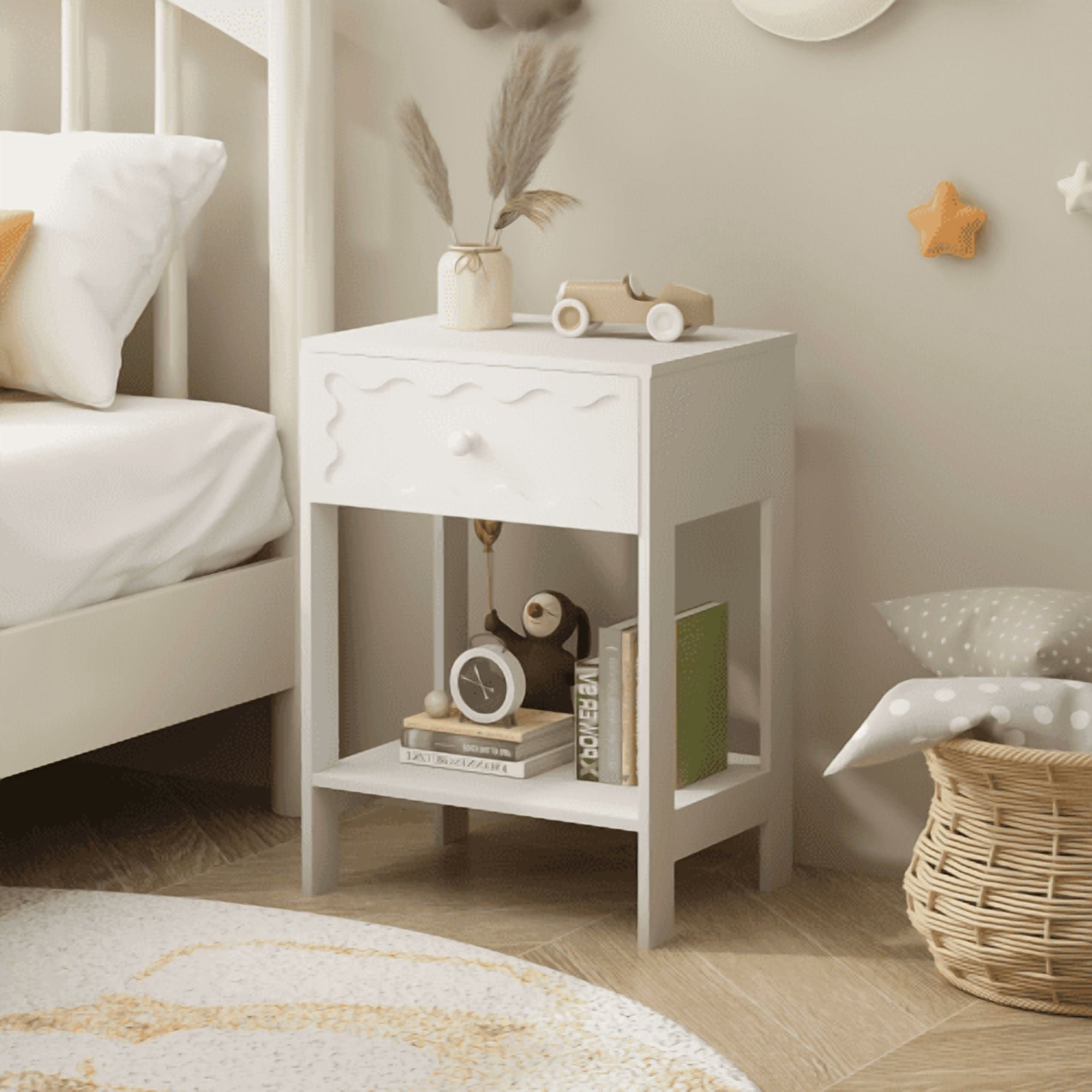 White Nightstand with Drawer and Open Shelf, Modern Wave Pattern Bedside Table, Solid Wood Frame End Table for Bedroom, Living Room, Small Spaces