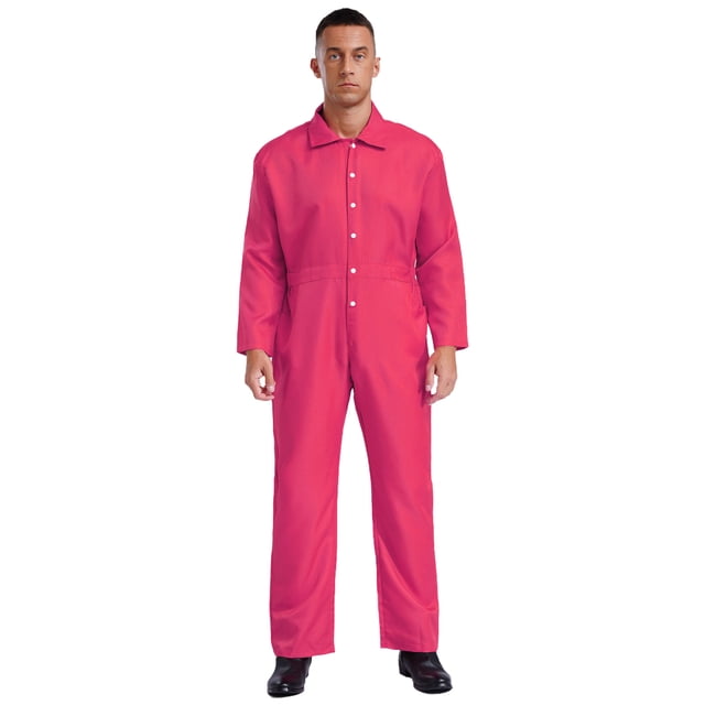 Runhomal Men's Long Sleeve Coveralls Dustproof Durable Button Up Work Overalls Jumpsuits Workwear Hot Pink XL