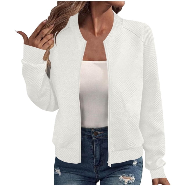 iHPH7 Vestes Légères pour Femmes Veste à Fermeture Éclair Veste Texturée Vestes pour Femmes Veste de Baseball Mode d'Automne Manteau pour Femmes Blanc G