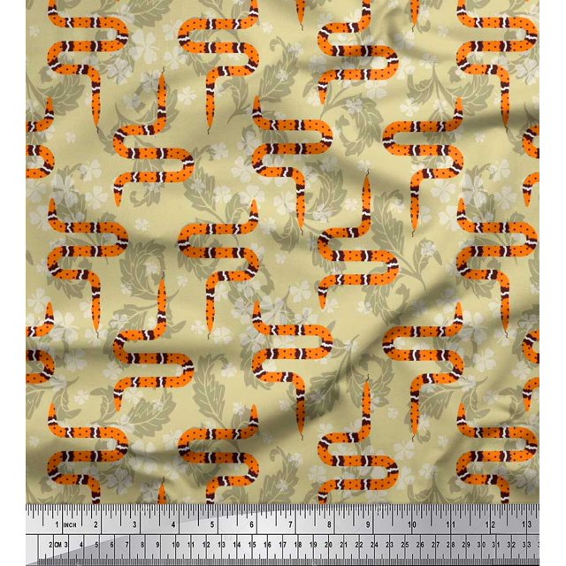 Soimoi Beige polyester Crepe Fabric Leaves,White Floral & Snake Reptile Decor Fabric Printed BTY 42 Inch Wide
