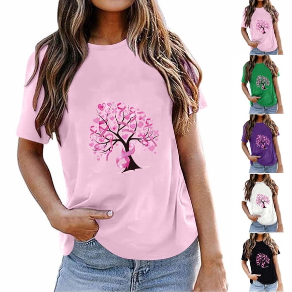 CFLVAEK T-Shirts sur le Cancer du Sein pour Femmes Coupe Ample Manches Courtes T-Shirts Décontractés d'Été Col Rond T-Shirt Cadeaux de Sensibilisation au Cancer du Sein T-Shirts L
