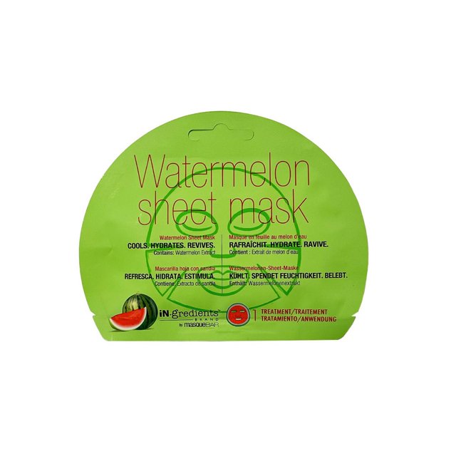 iN.gredients Watermelon Sheet Mask in bright green pouch with watermelon graphic, formulated to cool, hydrate, and revive skin using watermelon extract, providing one facial treatment that enhances skin hydration and radiance.