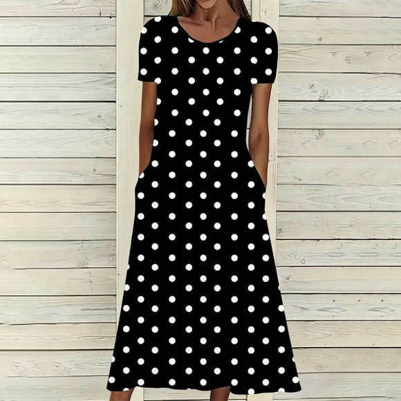 Dresses Dress Women Graduation Women Comfortable Midi Dress Stretchy High Waisted Short Sleeve Polka Casual Round Neck Long Dress with Pockets Black L