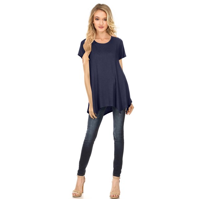 Womens Short Sleeve Scoop Neck Flowy Tunic Top - Made in USA, Small, Navy