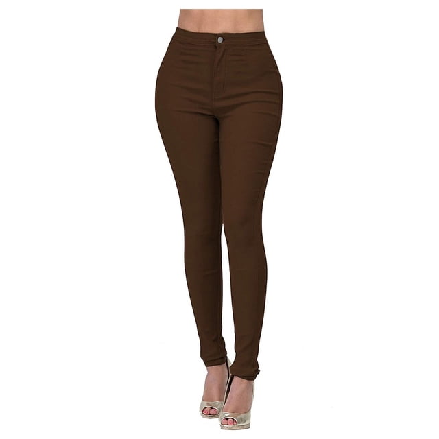 WTXUE Jeans Colorés Taille Haute Extensibles pour Femmes Brun