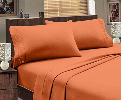 Italian Design 1800 Series Egyptian Comfort Super Soft Embroidery 4 Piece Sheet Set (Queen, Orange)