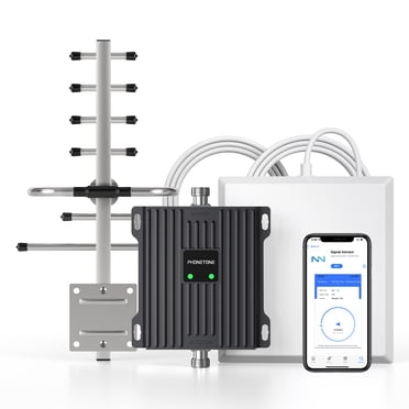 Phonetone Amplificateur de Téléphone Cellulaire pour la Maison, Amplificateur 4G LTE pour un Signal jusqu'à 4500 Pi2, avec Antennes Directionnelles à Haut Gain, 65 dB, Bande 4/5, Approuvé ISE