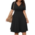 thumbnail image 2 of Robe Bohème Décontractée pour Femmes, Grande Taille, Col en V, Unie, Manches Courtes, Robe Évasée avec Poches, 2 of 6