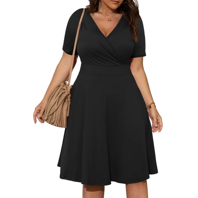 EGNMCR Robes de Vacances pour Femmes Robe Décontractée Grande Taille Col en V Manches Courtes Boho avec Poches