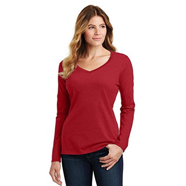 Port 1135891 Ladies Long Sleeve Fan Favorite V-Neck Tee, Team Cardinal - Extra Small