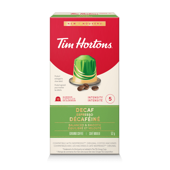 Tim Hortons Decaf Espresso Nespresso Compatible Capsules, Compatible with Nespresso Original Line, Balanced & Smooth, 10 Count